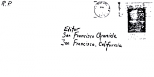 Envelope for Red Phantom letter sent to San Francisco Chronicle on July 8, 1974 (postmarked San Rafael, California)