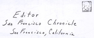 Envelope for SLAY letter sent to San Francisco Chronicle on February 14, 1974 (unknown postmark)