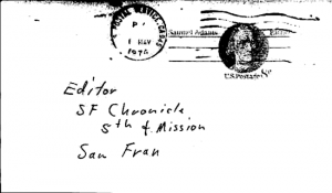 Concerned citizen letter sent to San Francisco Chronicle on May 8, 1974 (postmarked Alameda County)