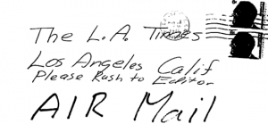Envelope for letter sent to Los Angeles Times on March 13, 1971 (postmarked Pleasanton, California)