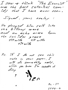 Exorcist letter sent to San Francisco Chronicle on January 29, 1974 (postmarked San Francisco)