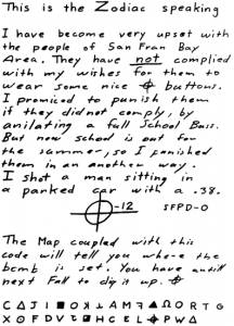 Map letter sent to San Francisco Chronicle on June 26, 1970 (postmarked San Francisco) - to date the cipher remains unsolved