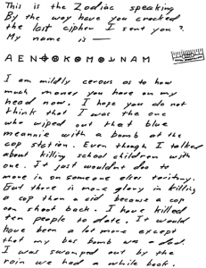 "My name is" letter sent to San Francisco Chronicle on April 20, 1970 (postmarked San Francisco) - to date the cipher is unsolved