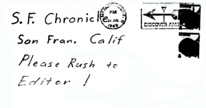 Envelope for letter sent to San Francisco Chronicle on July 31, 1969 (postmarked San Francisco, California)