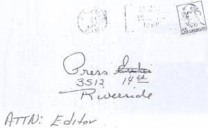Envelope of letter sent to Riverside Press on April 30, 1967 (copy of letter has never been released)