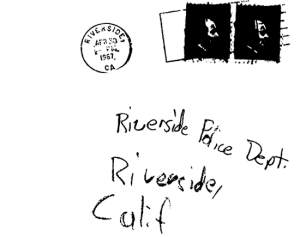 A copy of the Bates letter was sent to the Riverside Police Department (also postmarked Riverside, California)